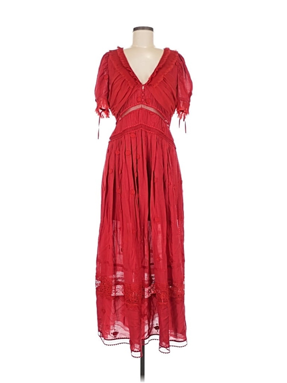 Self-Portrait Red V-Neck Lace-Trim Maxi Dress